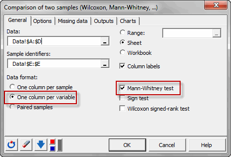 dialog box test mann whitney general