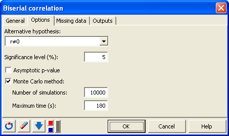 dialog box biserial correlation options