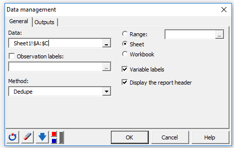 Data management dialog box in XLSTAT