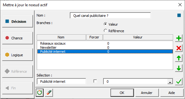 Boîte de dialogue Arbre de décision dans XLSTAT, nœud de décision