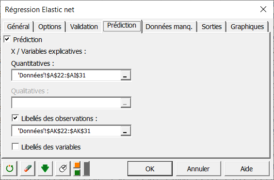 Onglet Prédiction de la fonction Elastic net