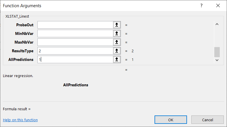 How to select XLSTAT_Linest arguments