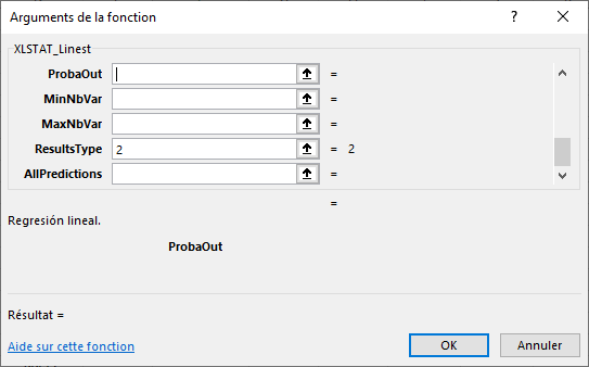 Arguments de la fonction XLSTAT_Linest