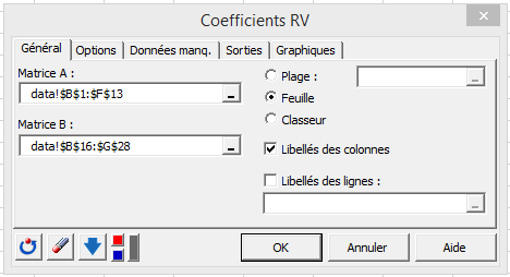 RV coefficient dialog box