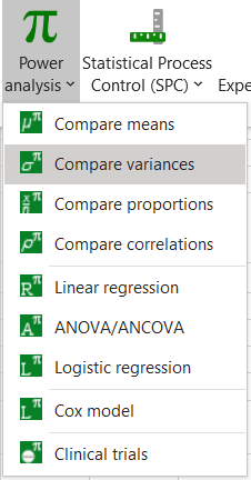 Power computation for the comparison of two variances in the XLSTAT Menu