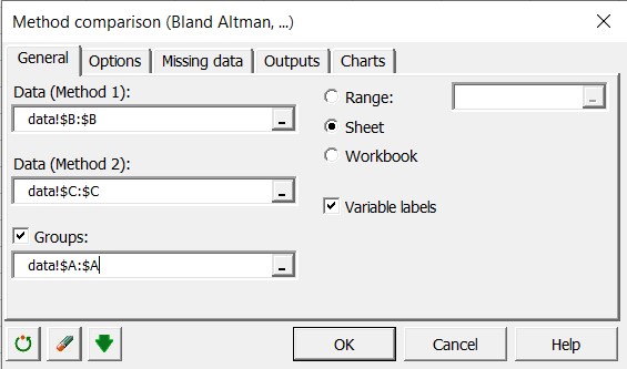 Bland Altman General tab